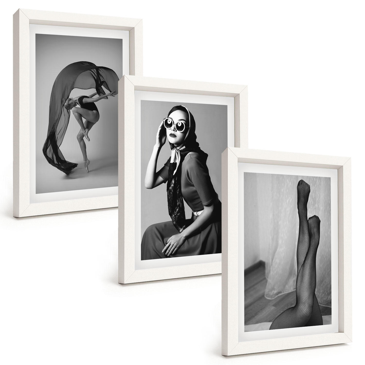 BILDER SET 3er Set - 20x30 cm Weißer Rahmen - Schwarz-Weiß-Porträts von Frauen - Weiß, Kunststoff (20/30cm) - TULUP