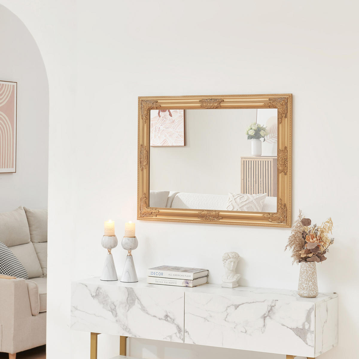 WANDSPIEGEL Punkalaidun - Goldfarben, Glas/Naturmaterialen (80/3/60cm) - [en.casa]