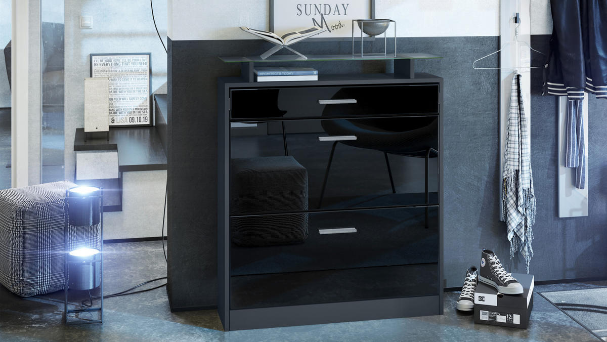 SCHUHSCHRANK Loret Fronten in Schwarz Hochglanz - Schwarz Hochglanz, Holzwerkstoff (89/104/23cm) - Vladon