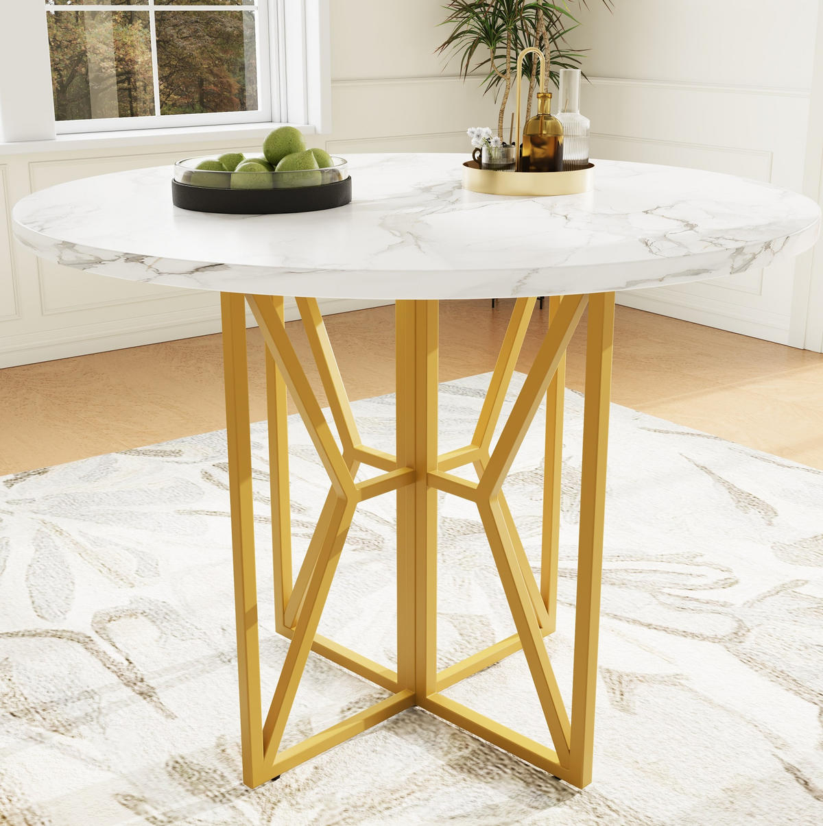 ESSTISCH 80x80x76 cm in Weiß und Gold aus MDF mit Marmoroptik auf goldfarbenen Metallbeinen - Goldfarben, Holzwerkstoff (80/80/76cm) - Modfu