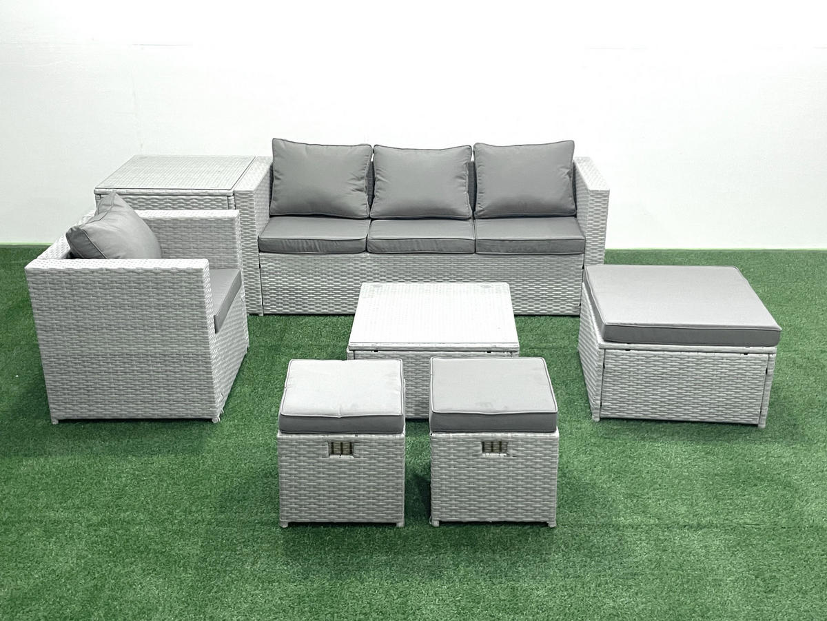 GARTENMÖBELSET mit 3-SITZER SOFA,COUCHTISCH Polyrattan Hellgrau-Mix 7-Sitzer - Hellgrau/Grau, Glas/Kunststoff - Fimous