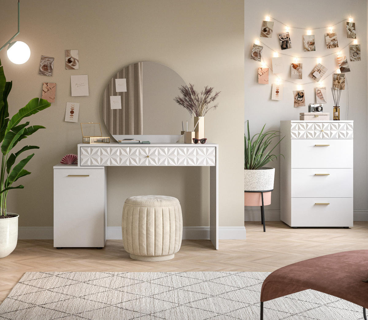 KOMMODE weiß Hochglanz 53 cm, Schubladenkommode mit 3D-Struktur - Weiß Hochglanz/Goldfarben, Holzwerkstoff/Kunststoff (53/92/40cm) - Inn.Furn