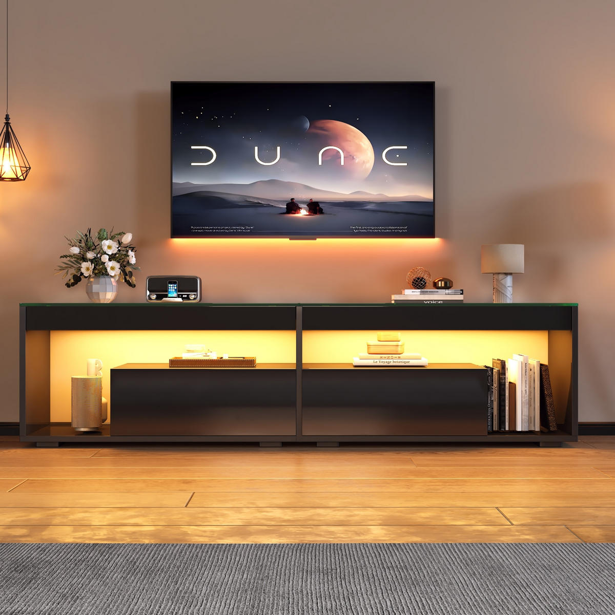 NISKA komoda 180 cm crni sjaj s 2 ladice i LED osvjetljenjem - crna, drvni materijal (180/46/40cm) - Flora Grace