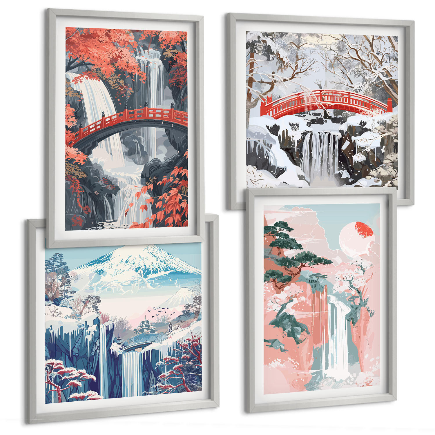 BILDER SET 4er Set - 50x50 cm & 40x60 cm Silberner Rahmen - Wasserfälle, Brücken, Bäume, Jahreszeiten - Silberfarben, Kunststoff (50/50cm) - TULUP