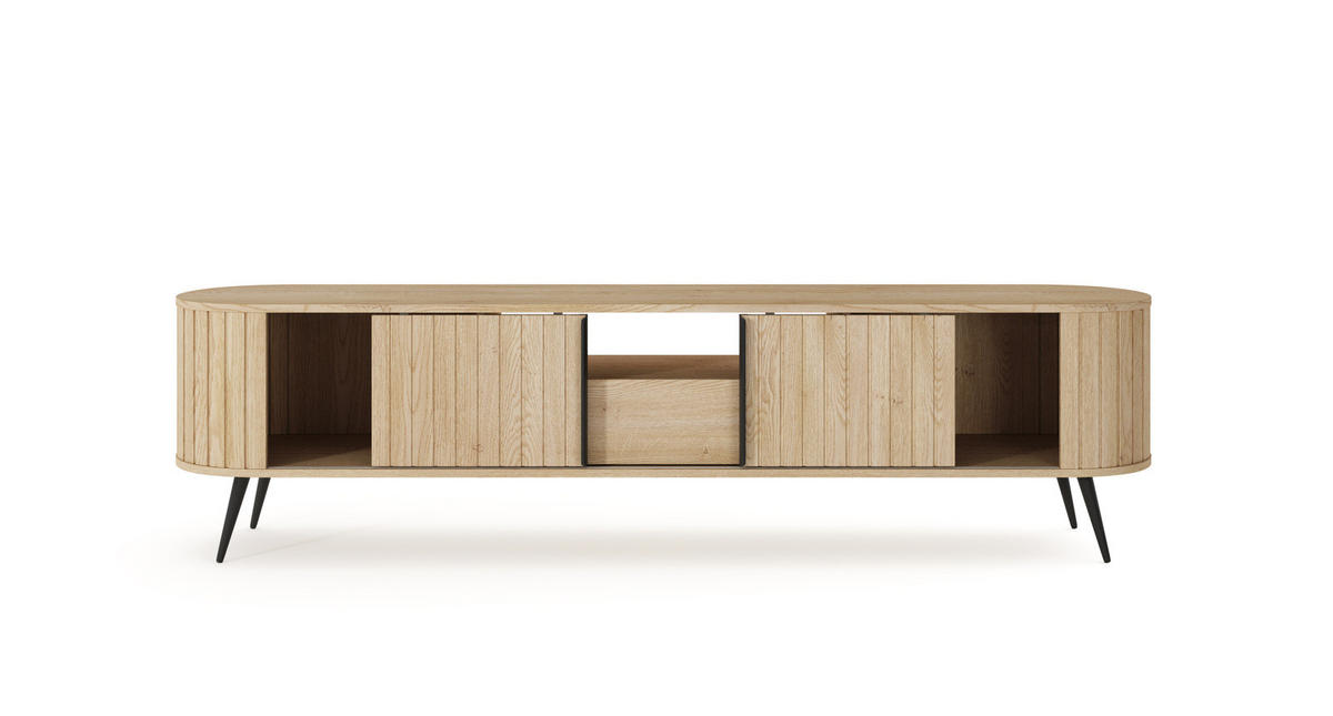 TV-LOWBOARD LOVI 196 cm Eiche Cremona - mit Riffel-Front und Schiebetüren - Eichefarben/Schwarz, Holz/Holzwerkstoff (196/51/40cm) - Ravio