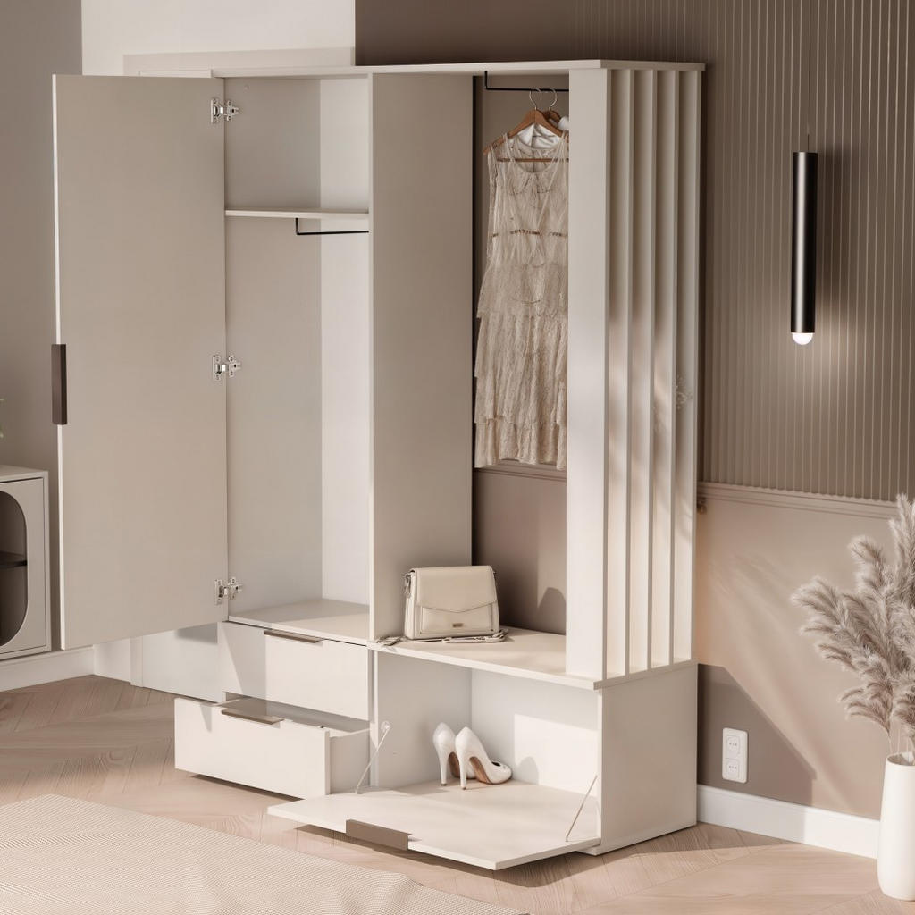 Thumbnail - Beautysofa Garderobenschrank, Sand, Holzwerkstoff, 2 Schubladen, 140x200x42.5 cm, Garderobe, Garderobenschränke