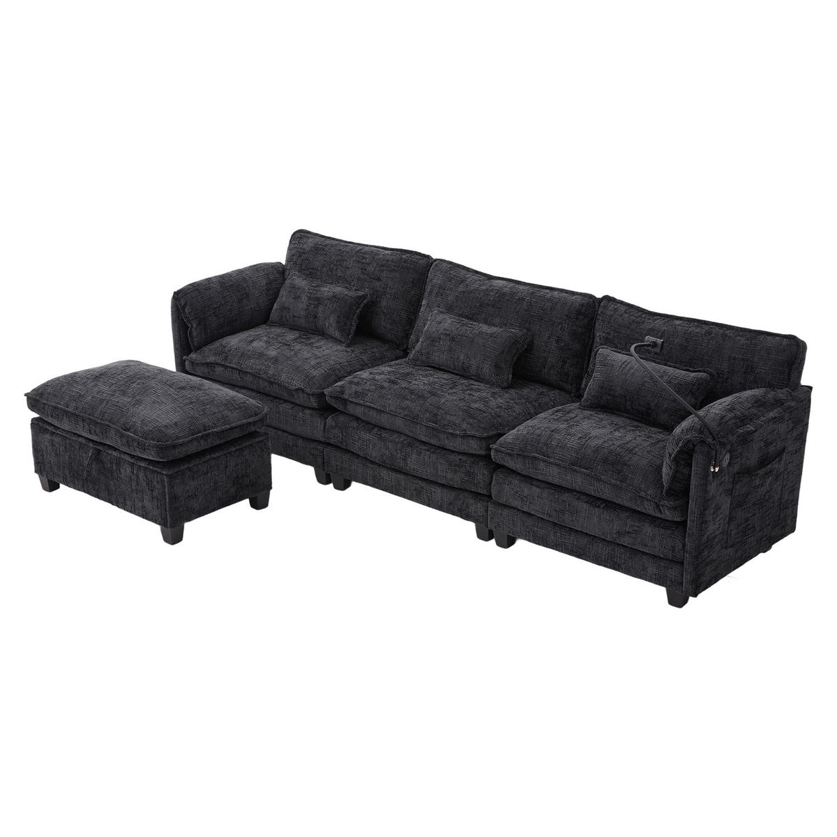 ECKSOFA mit USB-Anschluss und Hocker aus Chenille Schwarz 279/83/85 cm - Schwarz, Textil (279/83cm) - OKWISH