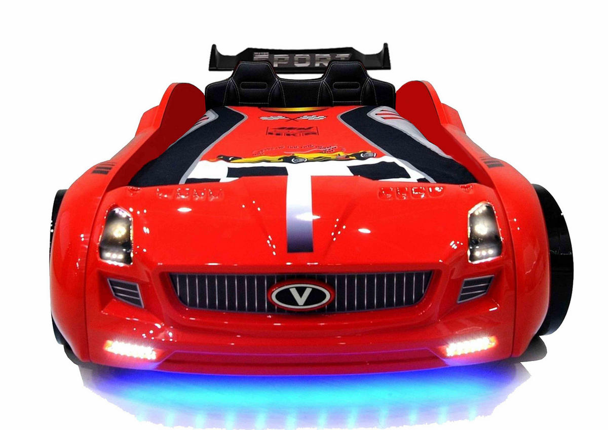 AUTOBETT Roadster Rot Kinderbett LED Sound Sportsitze Lattenrost Spoiler - Rot/Schwarz, Holzwerkstoff/Kunststoff (90/190cm) - Aileenstore