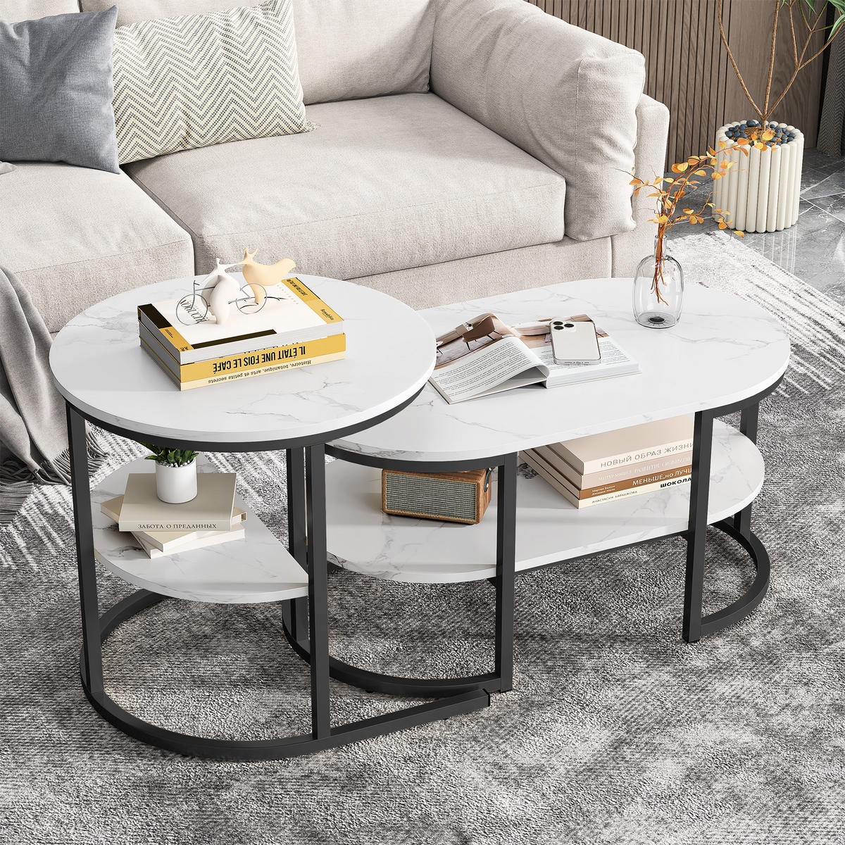 COUCHTISCH SET 2-teilig Weiß Marmoroptik mit Schwarzen Metallrahmen - Schwarz, Stein (80/46/41cm) - CASIVA