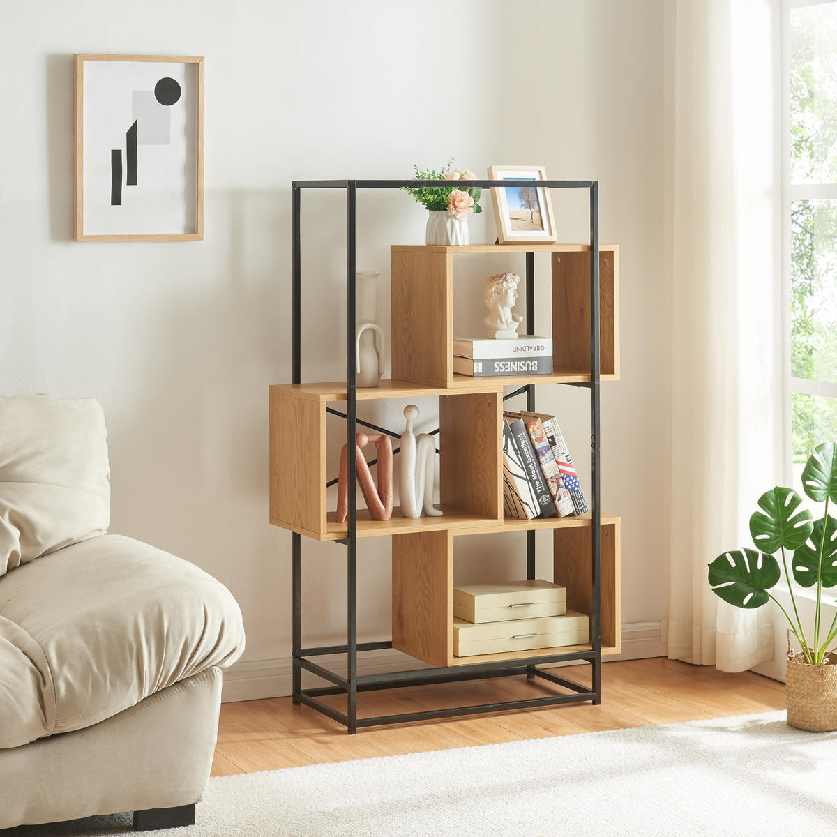 BÜCHERREGAL Rennebu - Eichefarben/Schwarz, Holzwerkstoff/Metall (80/126/33cm) - [en.casa]