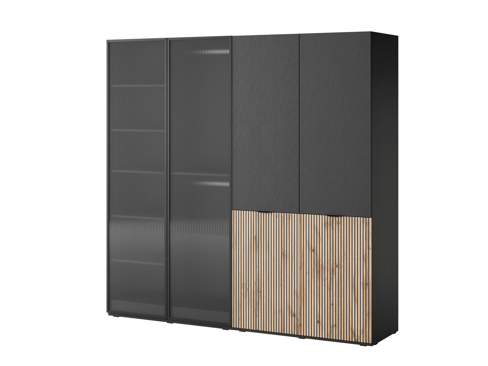 KLEIDERSCHRANK ZEN (Modular, Schwarz, Wotan Eiche & Geriffeltes Glas Flutes, 4-türig) - Eiche Wotan/Schwarz, Holz/Holzwerkstoff (202/200/51cm) - Ravio