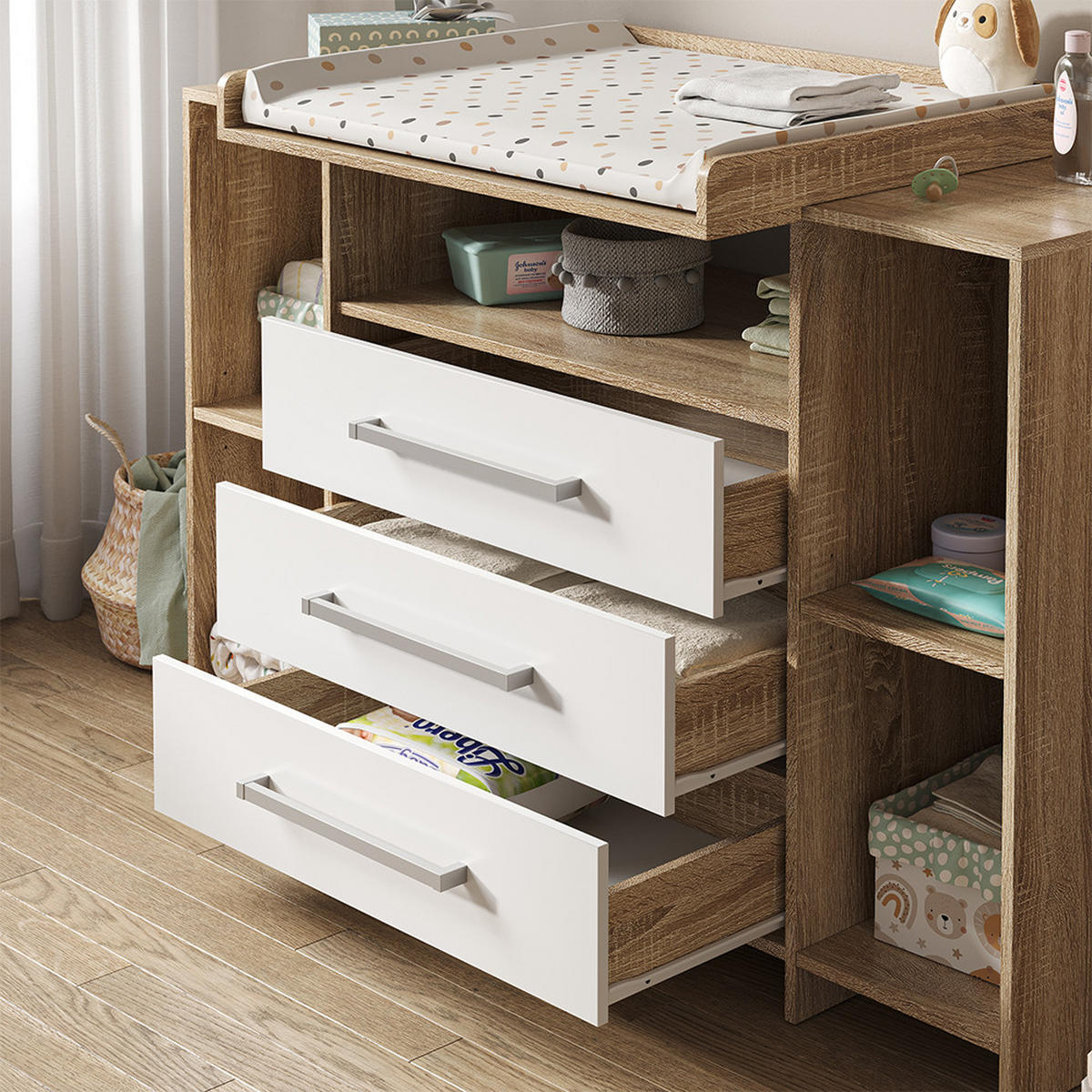 WICKELKOMMODE Oskar Sonoma 143 x 100 cm XL mit Schubladen - Weiß/Sonoma Eiche, Holzwerkstoff (143/100/70cm) - Vicco