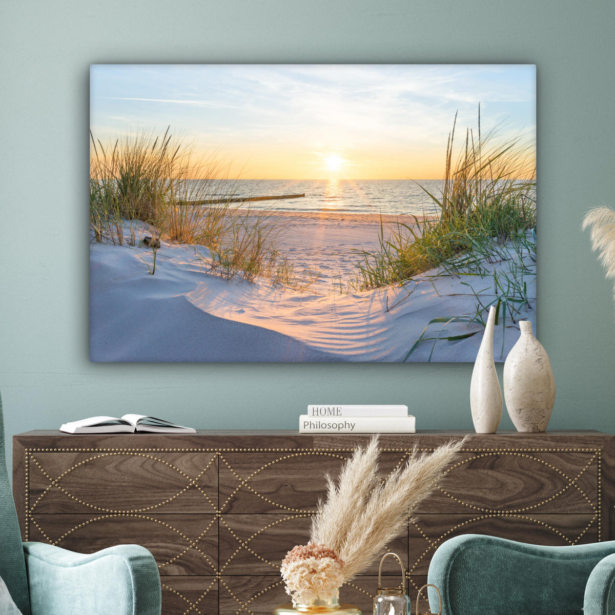LEINWANDBILD Strand - Sonne - Düne - Gras - Sand - Horizont Wohnzimmer 120x80 cm - Hellblau, Textil (120/80cm) - MuchoWow