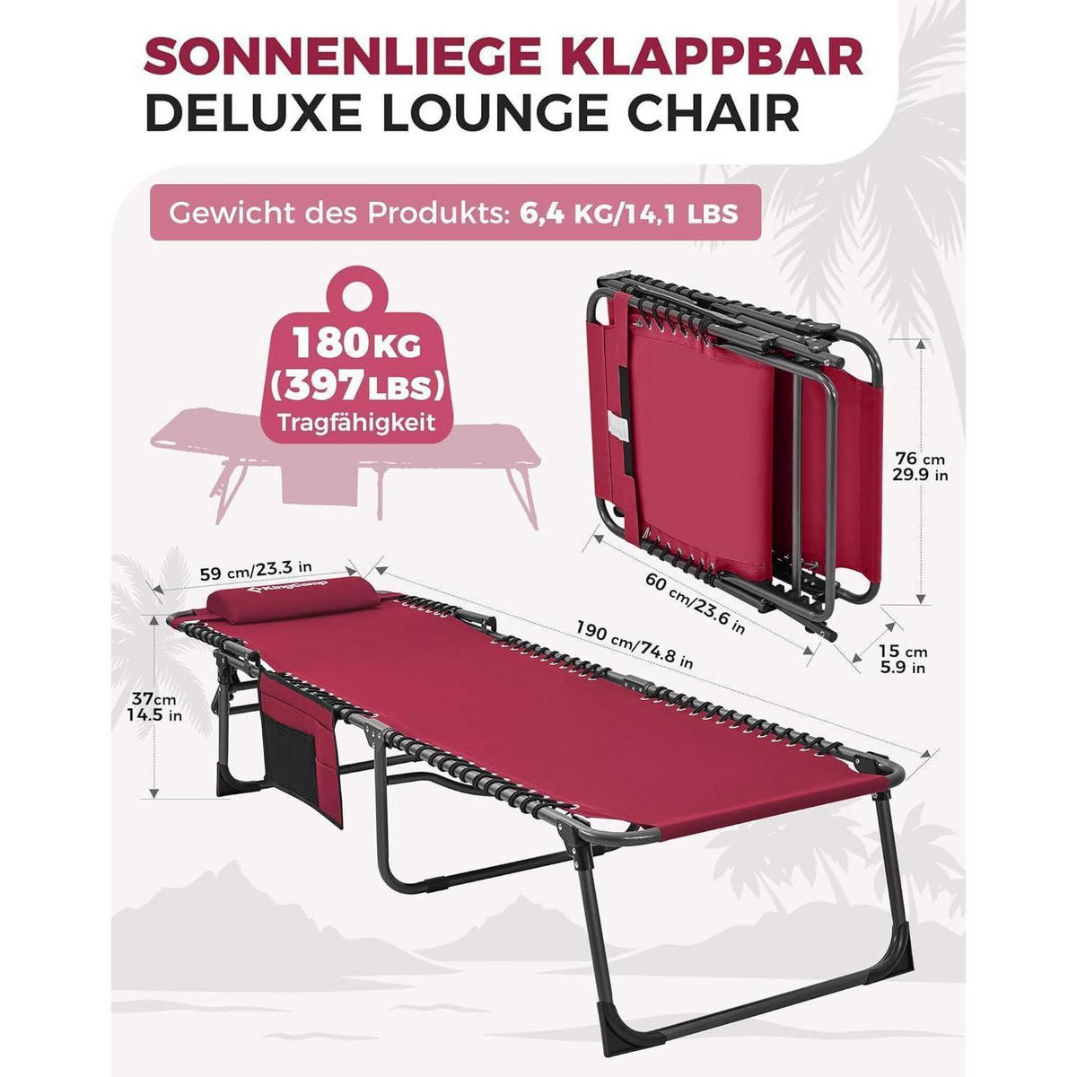SONNENLIEGE klappbar 5-fach verstellbar Weinrot - Bordeaux, Textil (59/34/190cm)