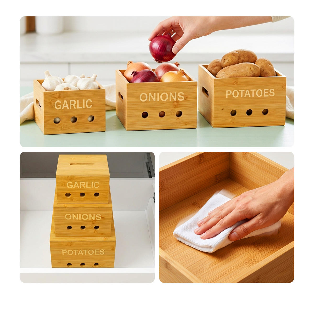 3-TLG.AUFBEWAHRUNGSBOX-SET - Hellbraun, Holz - Relaxdays