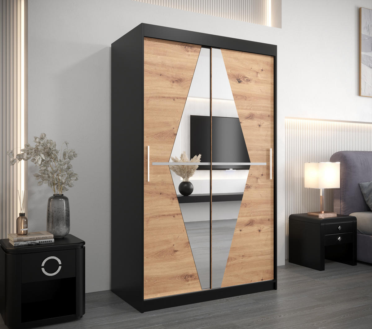 SCHWEBETÜRENSCHRANK 200/120/62 2-türig - Silberfarben/Schwarz, Holz/Kunststoff (120/200/62cm) - Abiks Möbel