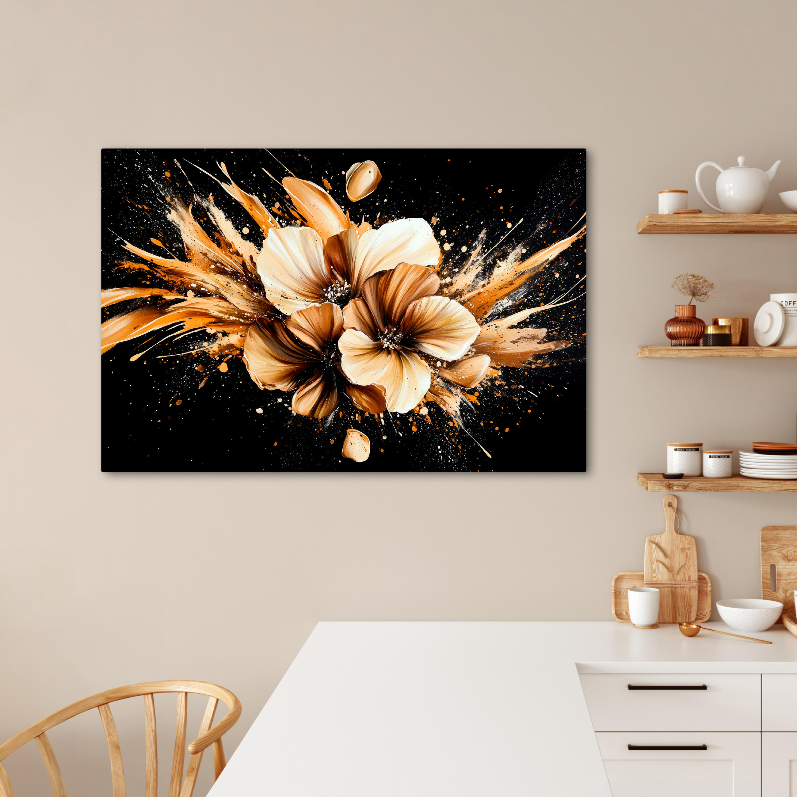 LEINWANDBILD Blumen - Gold - Graffiti - Schwarz - Abstrakt Wohnzimmer 120x80 cm - Cappuccino, Textil (120/80cm) - MuchoWow