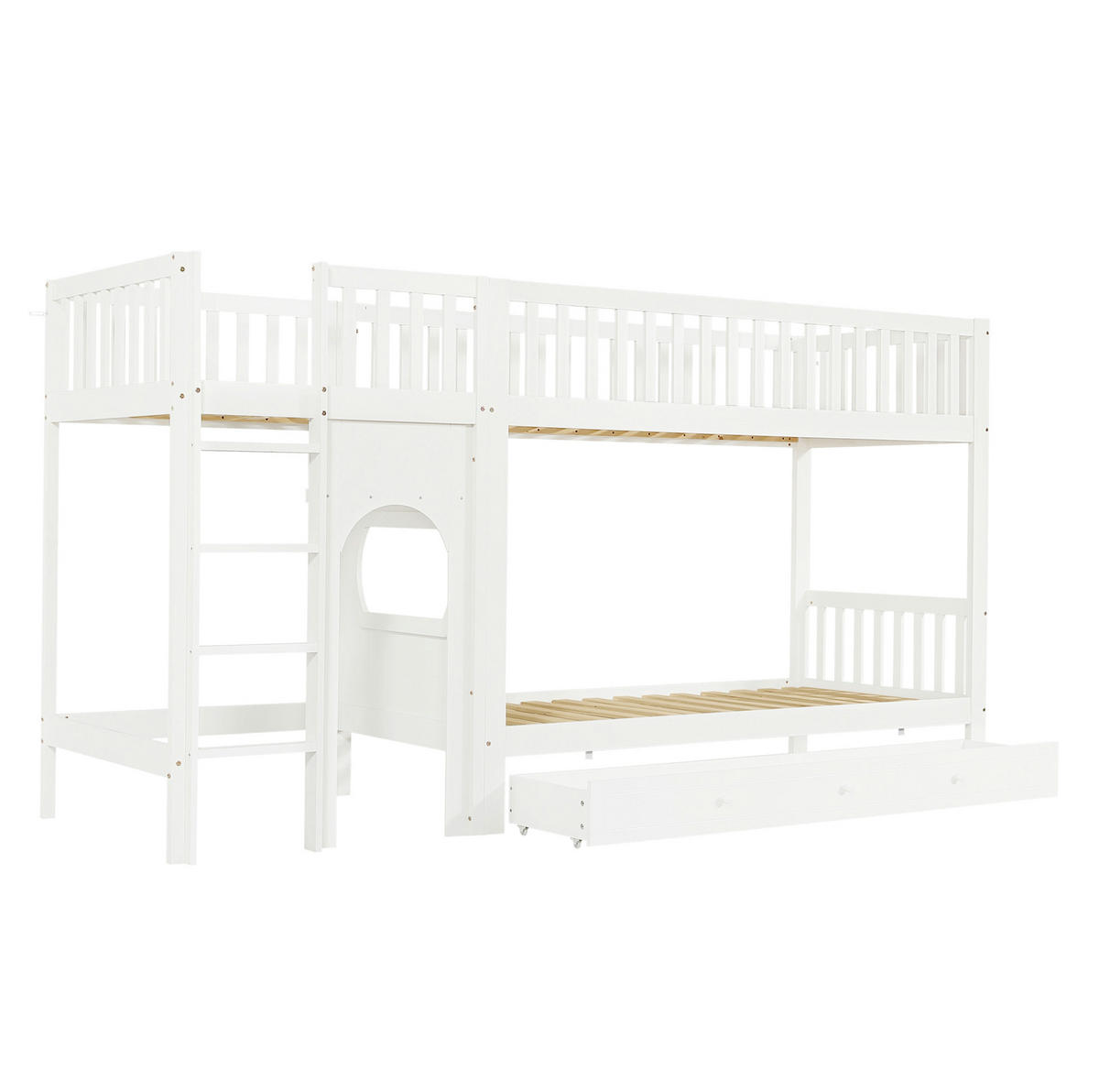 ETAGENBETT aus Kiefer und MDF 90x200 cm Weiß/Natur mit gerader Leiter und vierseitigem Geländer - Weiß, Holzwerkstoff (90/200cm) - Modfu