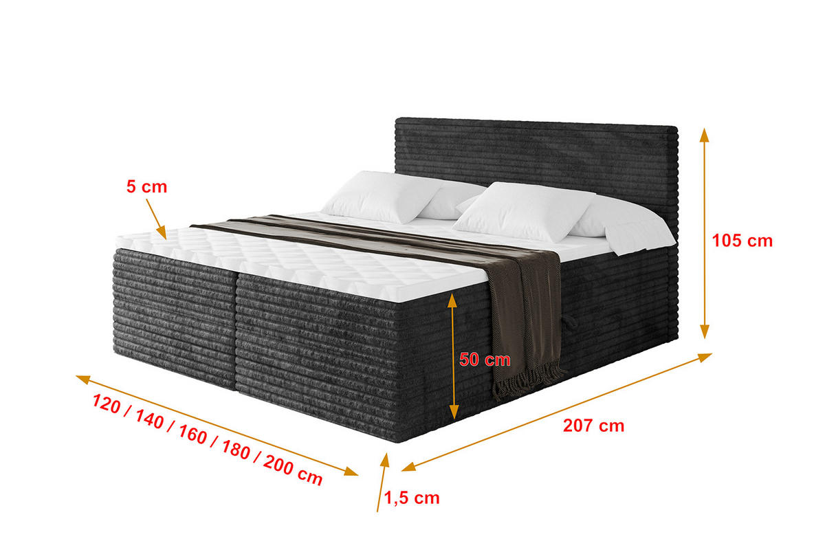 BOXBETT mit Matratze H4 und Lattenrost - TOLO-v1 - 160x200 Cord - Schwarz - Schwarz, Holzwerkstoff (160/200cm)