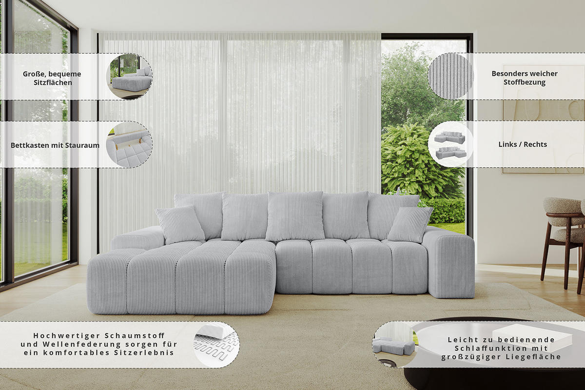 ECKSOFA Ottomane Links ENSI-L - 267x164x88 cm Ecru - Ecru, Holzwerkstoff/Kunststoff (267/164cm) - ALTDECOR