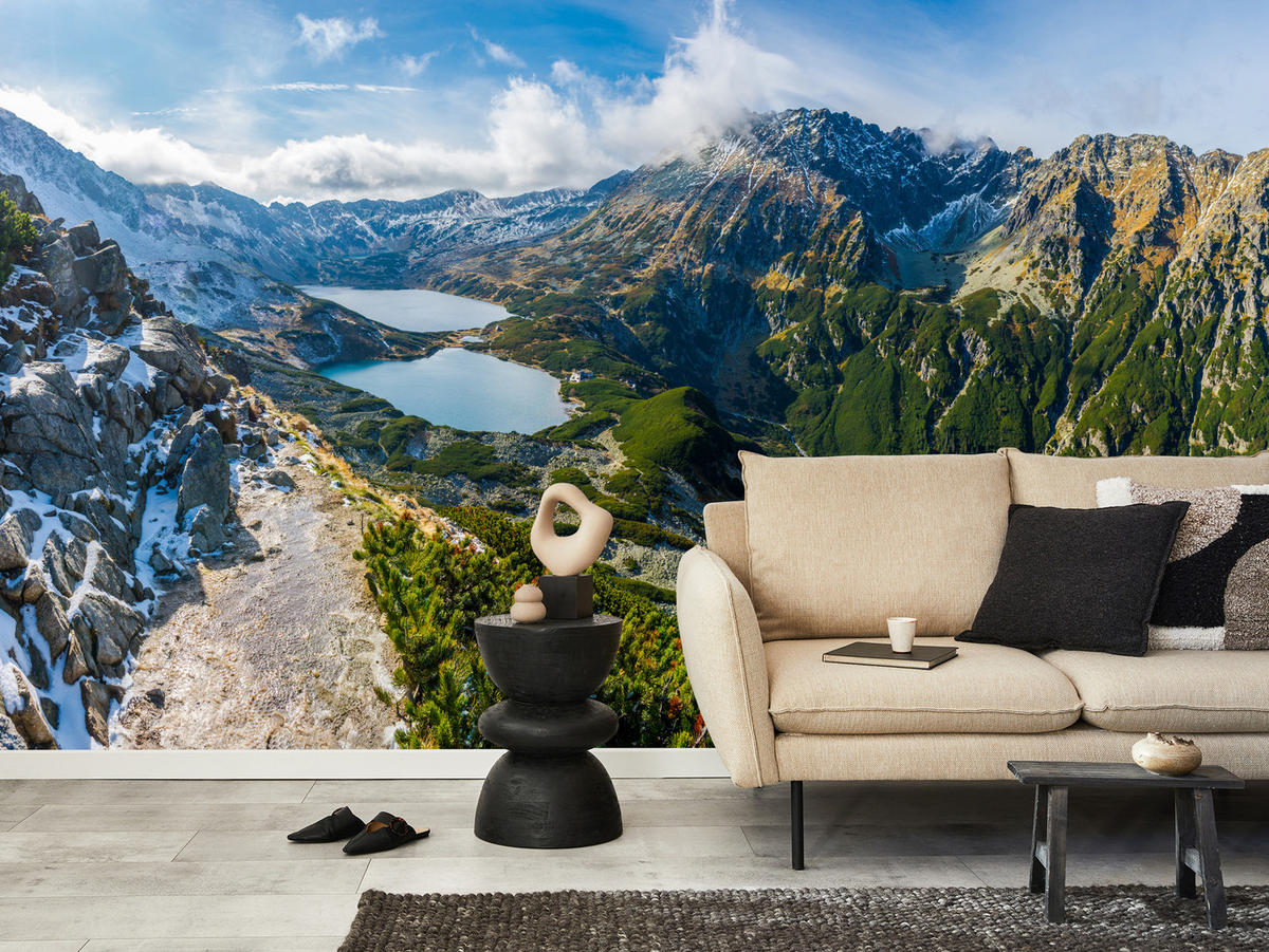 FOTOTAPETE für Wohnzimmer Tal der Fünf Polnischen Seen Gebirge 300x210 - Blau/Gelb, Papier (300/210cm) - Muralo