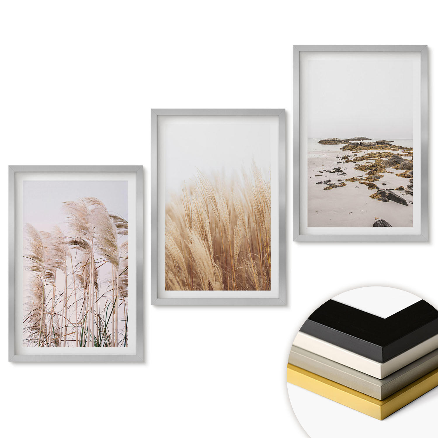 WANDBILDER 3er Set - 40x60 cm Silberner Rahmen - Pampasgrasfelder und ein Boho-Strand - Silberfarben, Kunststoff (40/60cm) - ArtPrintCave