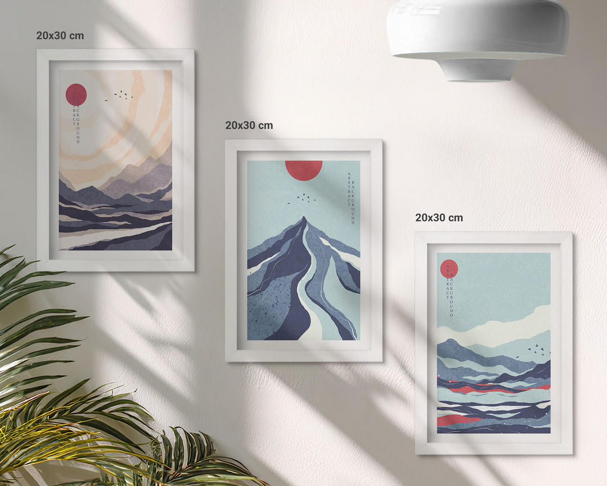 WANDBILDER 3er-Set - 20x30 cm Weißer Rahmen - Abstrakte japanische Berge - Weiß, Kunststoff (20/30cm) - ArtPrintCave