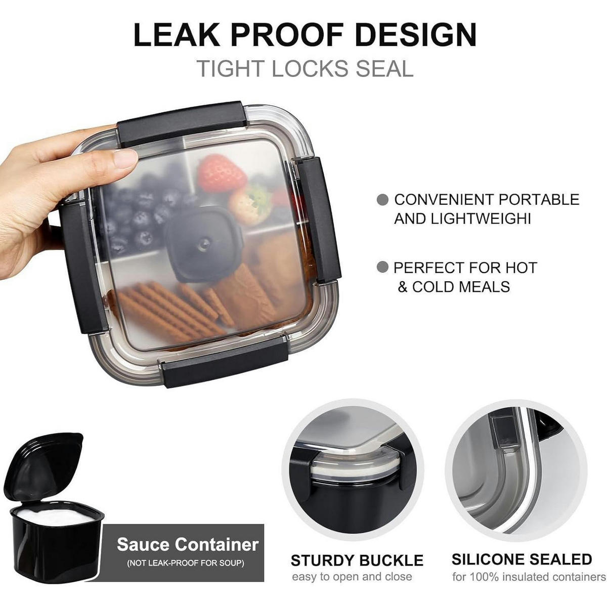 LUNCHBOX 3 Fächer mit Dressingbehälter und Gabel 1500 ML Schwarz - Schwarz, Kunststoff (17.5/17.5/9.9cm)