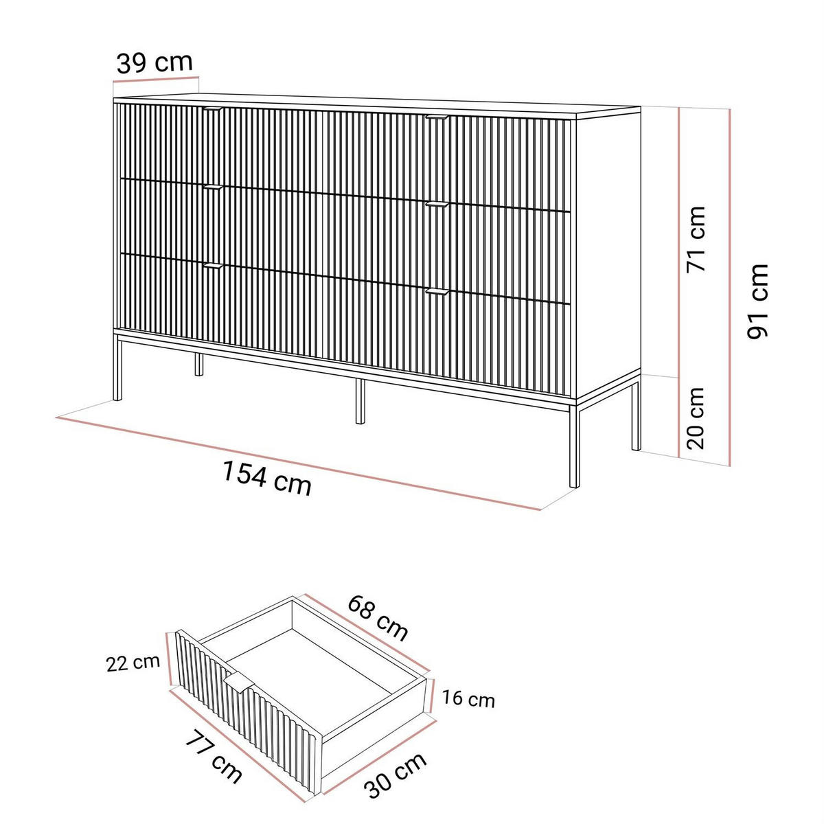 KOMMODE CORTADO GOLD KS154 MIT SCHUBLADEN SCHWARZ - Schwarz, Holzwerkstoff (154/91/39cm) - Lookway