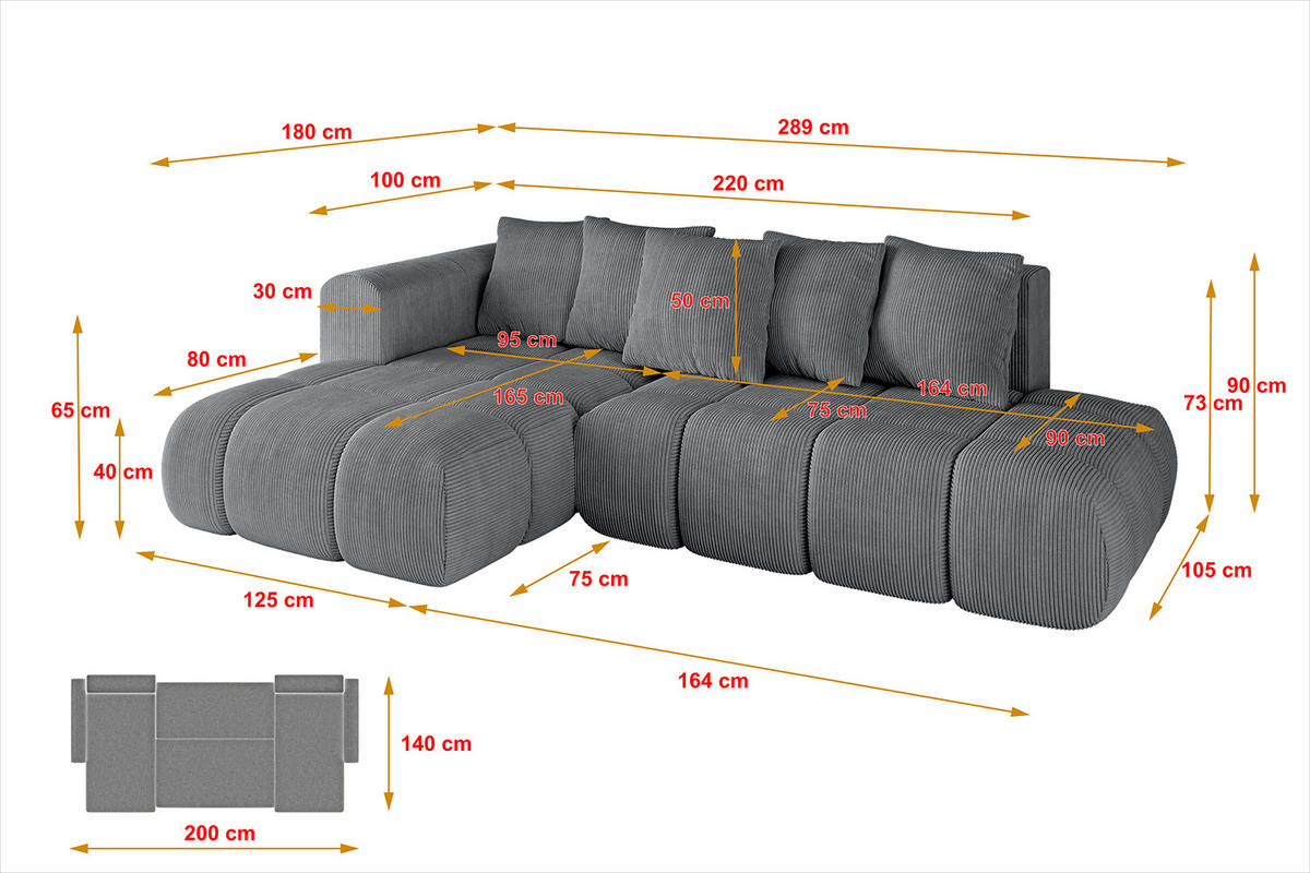 ECKSOFA Ottomane Links CLOUD-L-v1 289x180x40 Dunkelgrau Cord - Dunkelgrau, Holzwerkstoff/Kunststoff (180/289cm) - ALTDECOR