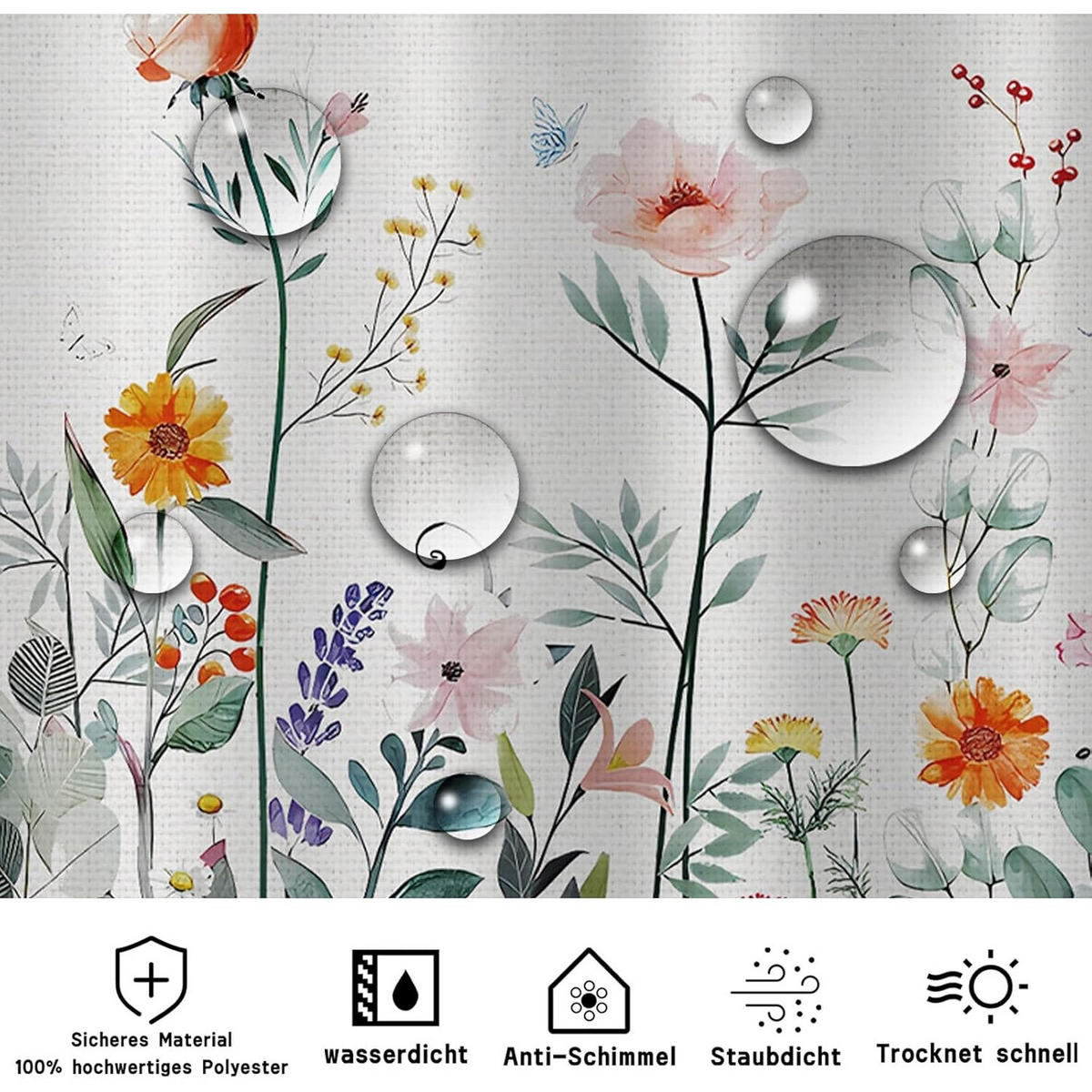 DUSCHVORHANG Blumenmuster Rot 180/180 cm Polyester Wasserabweisend Schimmelresistent - Weiß, Kunststoff (180/180cm) - MCBOSON