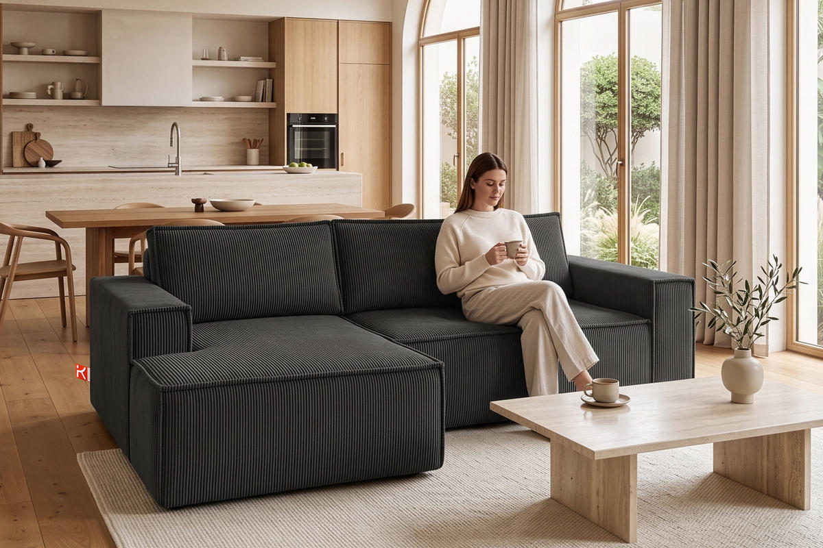 ECKSCHLAFSOFA-LINKS NAPI in Pet Friendly Cord-Stoff, dunkelgrau - Dunkelgrau/Schwarz, Textil (262/148cm) - KONSIMO®