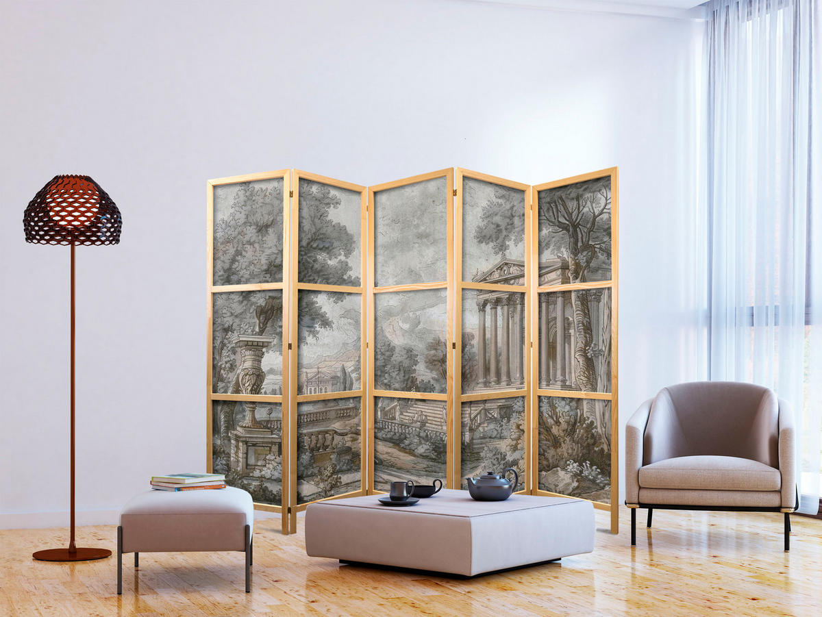 PARAVENT Japanischer 5-tlg 225x172 cm Antike Landschaft - Grau, Holz/Textil (225/172/3cm) - Muralo