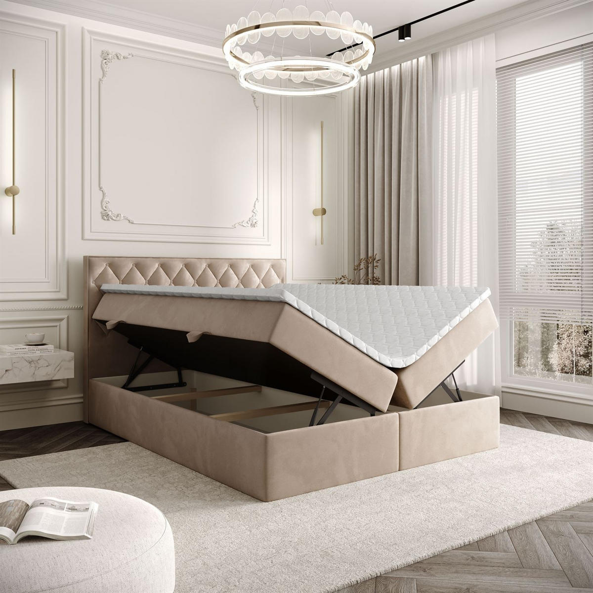 BOXBETT INEZ mit Bettkasten mit Topper 180x200 cm Royal Velvet 170 - Beige, Textil - Lookway