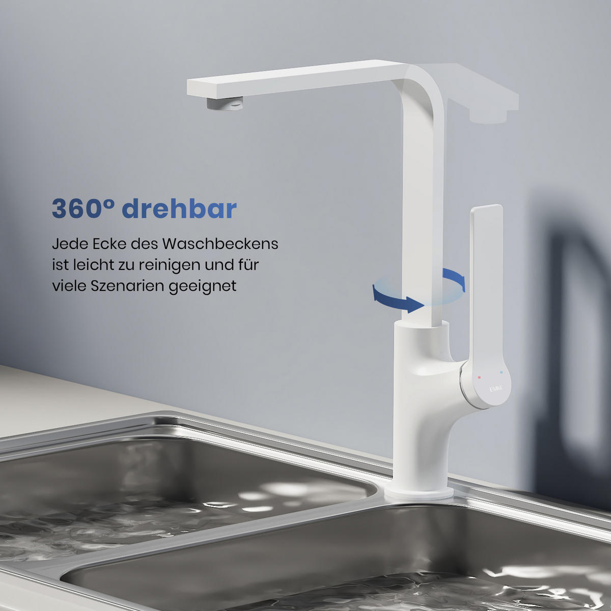 KÜCHENARMATUR mit 360° Drehbar Edelstahl Einhebelmischer Weiß Matt - Weiß, Metall (22.5/10.1/30.3cm) - EMKE