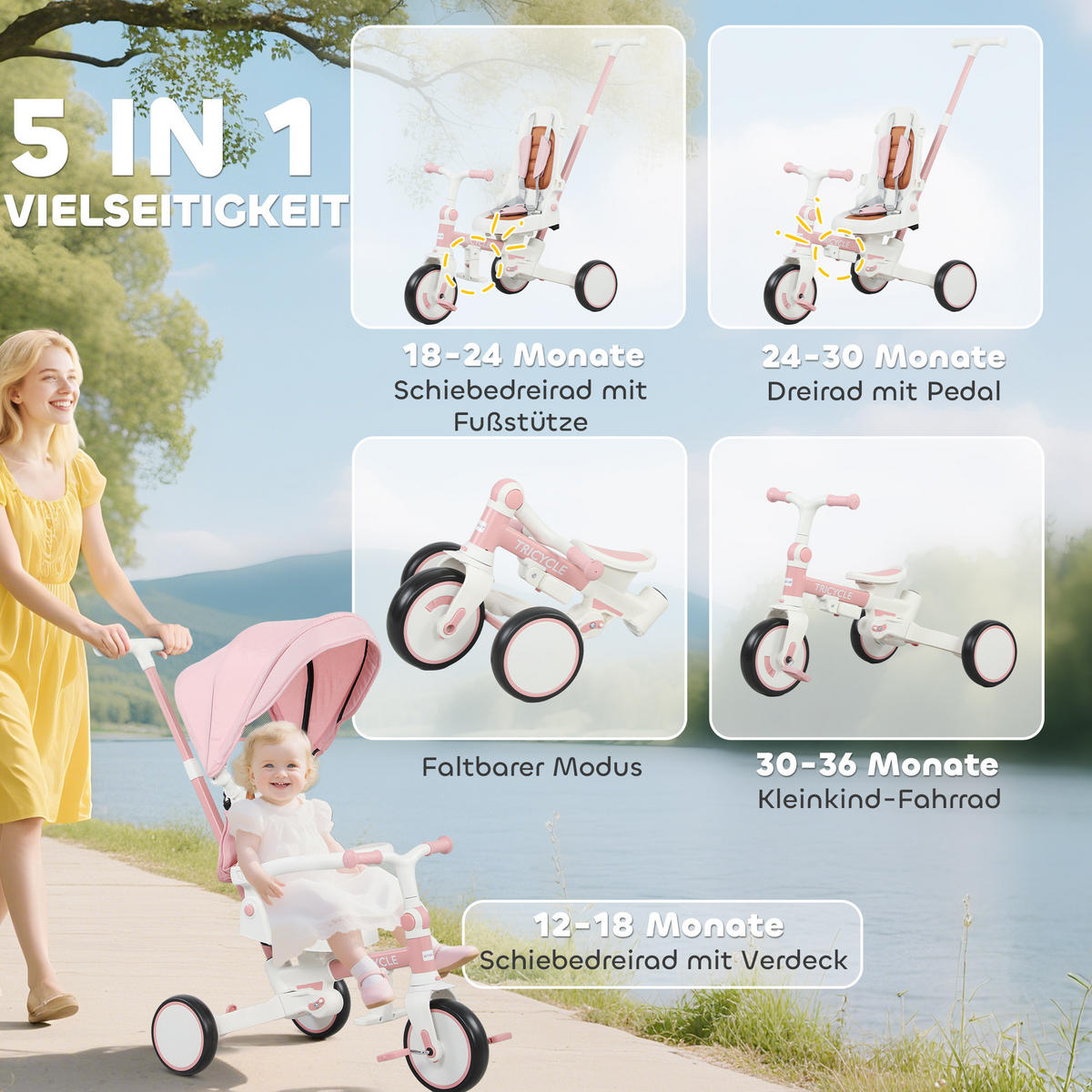DREIRAD 5-in-1 mit Schubstange für 1-3 Jahre Faltbar mit reversiblem Sitz Rosa - Rosa, Metall (96.5/49/101cm) - AIYAPLAY