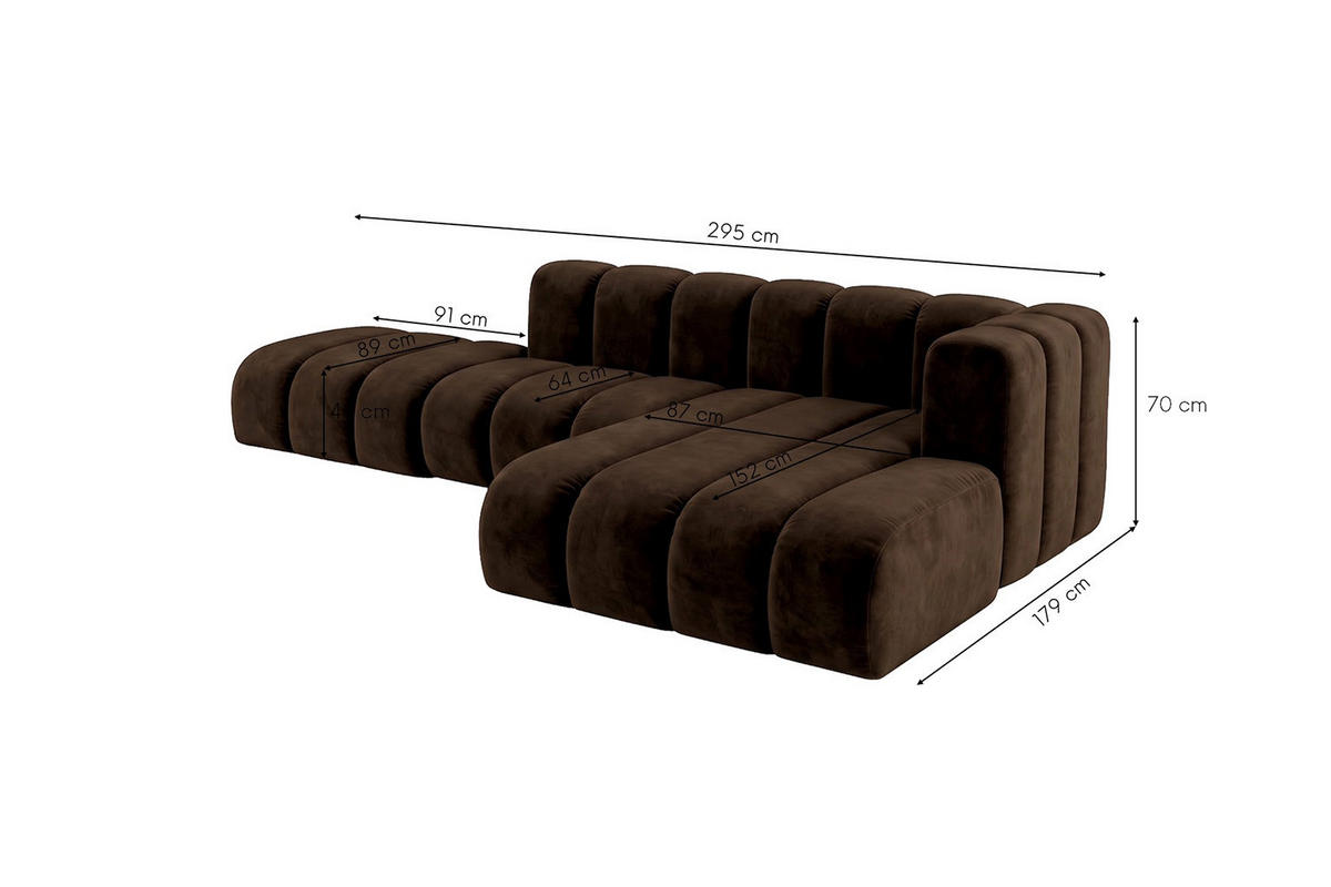ECKSOFA Modulares In L-Form Mit Hocker, Velvet-Stoff Riviera, Schokolade, Rechts, GRAND Mini - Braun, Holz (295/179cm) - Kaiser Möbel