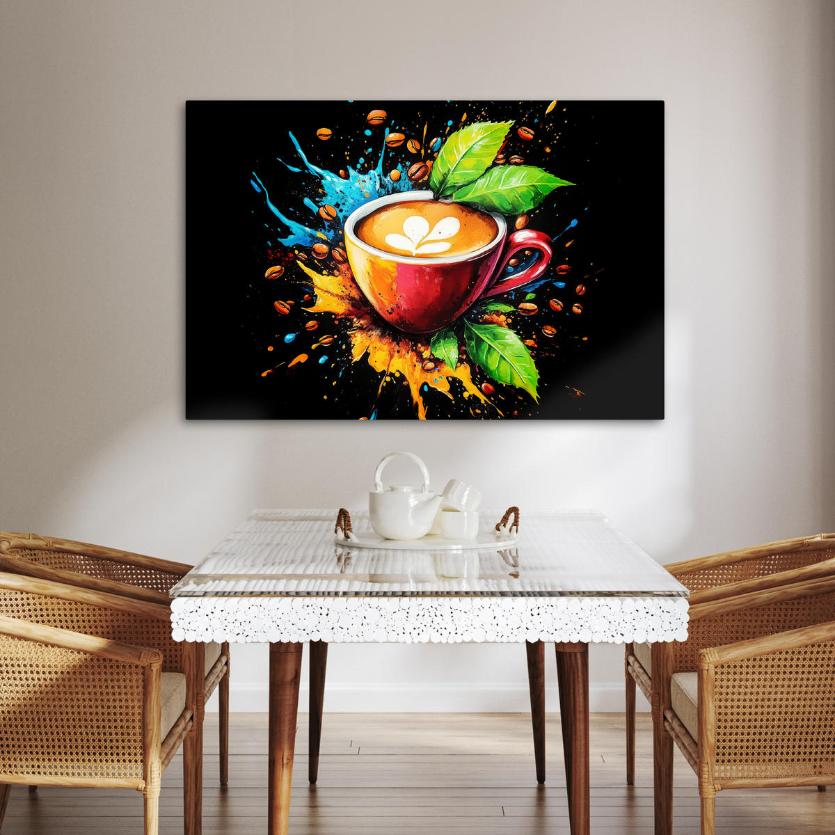 LEINWANDBILD Kaffee - Graffiti - Trinken - Abstrakt Wohnzimmer 120x80 cm - Mokka, Textil (120/80cm) - MuchoWow