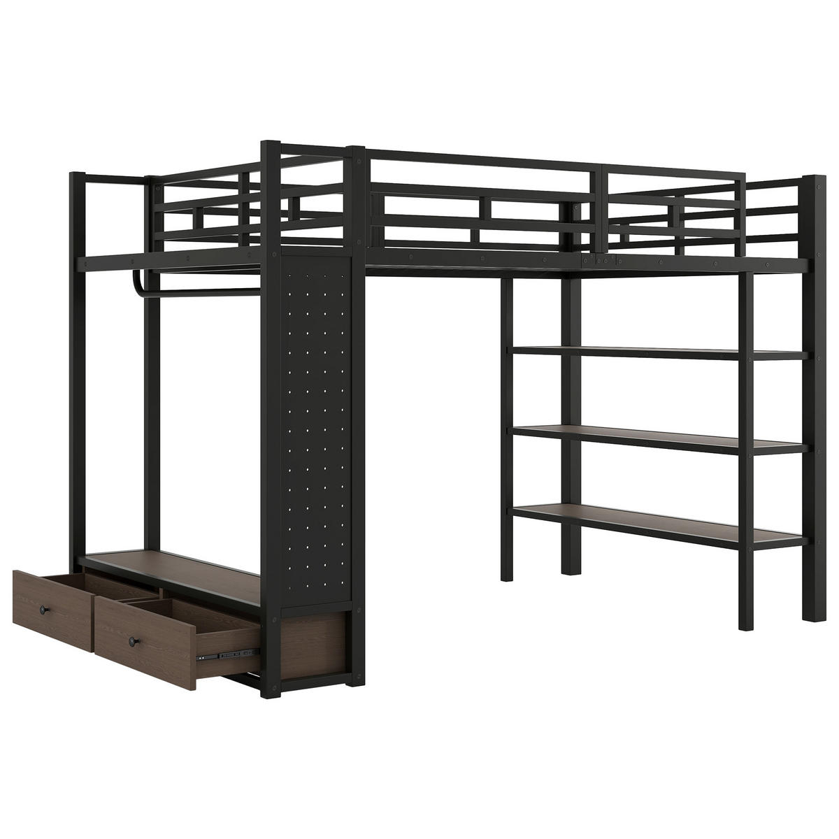 HOCHBETT 140/200 cm in Schwarz mit Kleiderschrank, Schubladen, Lochwand und LED - Schwarz, Holzwerkstoff/Metall (140/200cm) - STILVORA