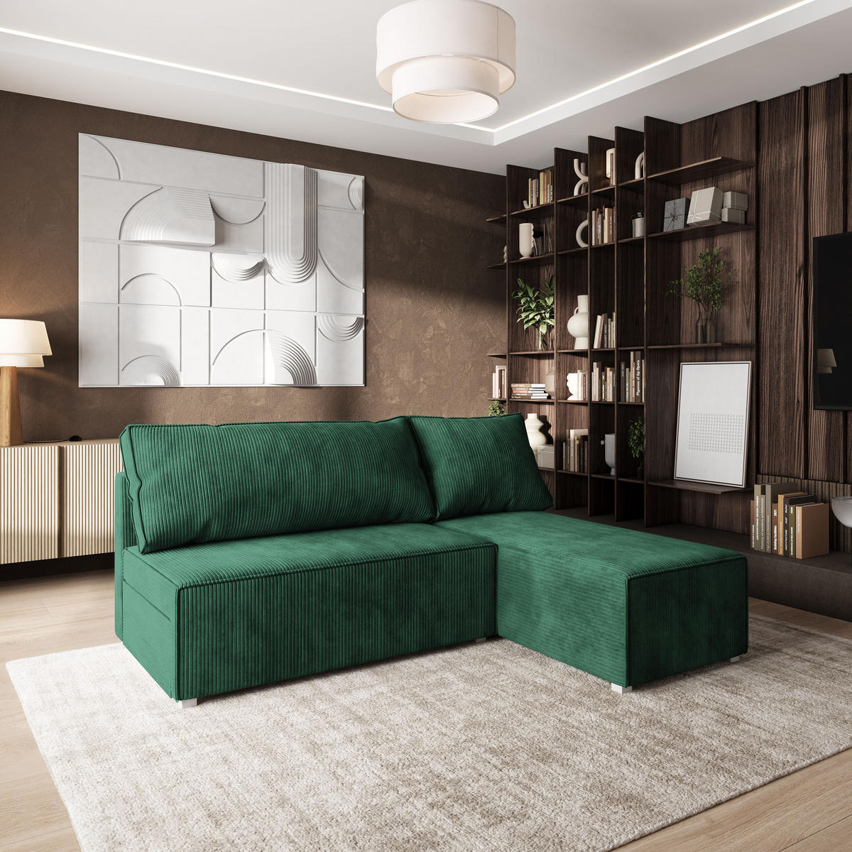 ROHOVÁ SEDAČKA BRISO tmavě zelená - šedá/tmavě zelená, dřevo/textil (200/140cm) - MASSENO