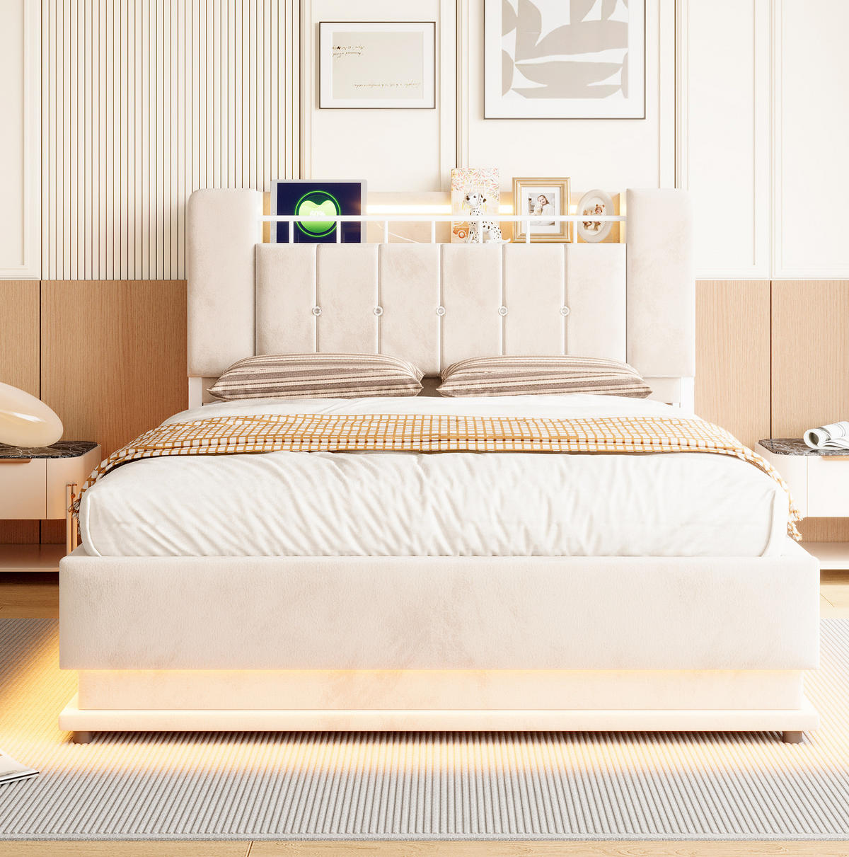 POLSTERBETT 140x200 cm Beige mit Samtbezug, LED-Beleuchtung, USB-Anschlüssen und Stauraum - Beige, Textil (140/200cm) - Modfu