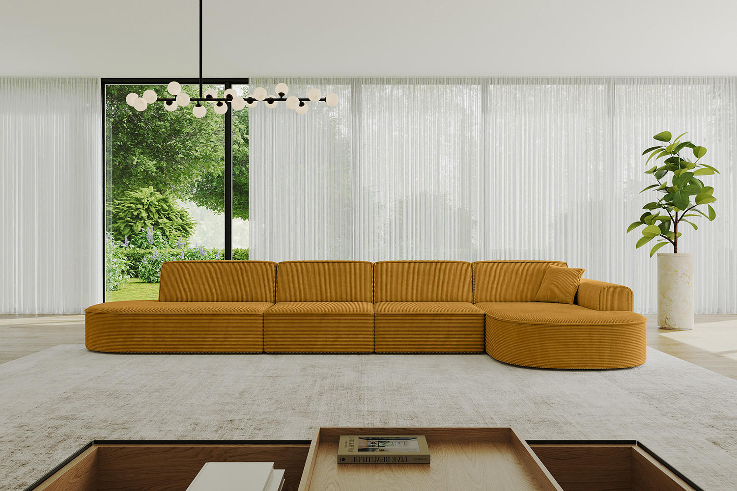 ECKSOFA Ottomane Rechts MARI-L3 - 402x163x73,5 cm Senfgelb Cord - Gelb/Schwarz, Holzwerkstoff/Kunststoff (402/163cm) - ALTDECOR