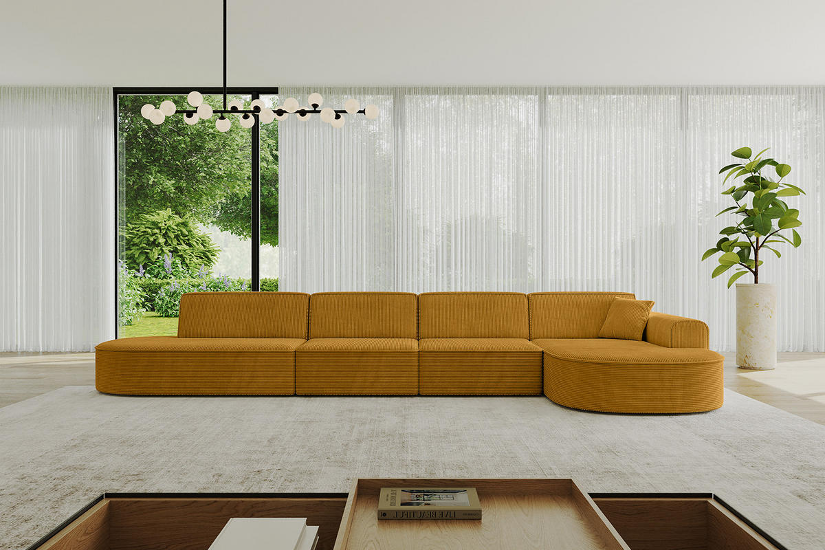 ECKSOFA Ottomane Rechts MARI-L3 - 402x163x73,5 cm Senfgelb Cord - Gelb/Schwarz, Holzwerkstoff/Kunststoff (402/163cm) - ALTDECOR