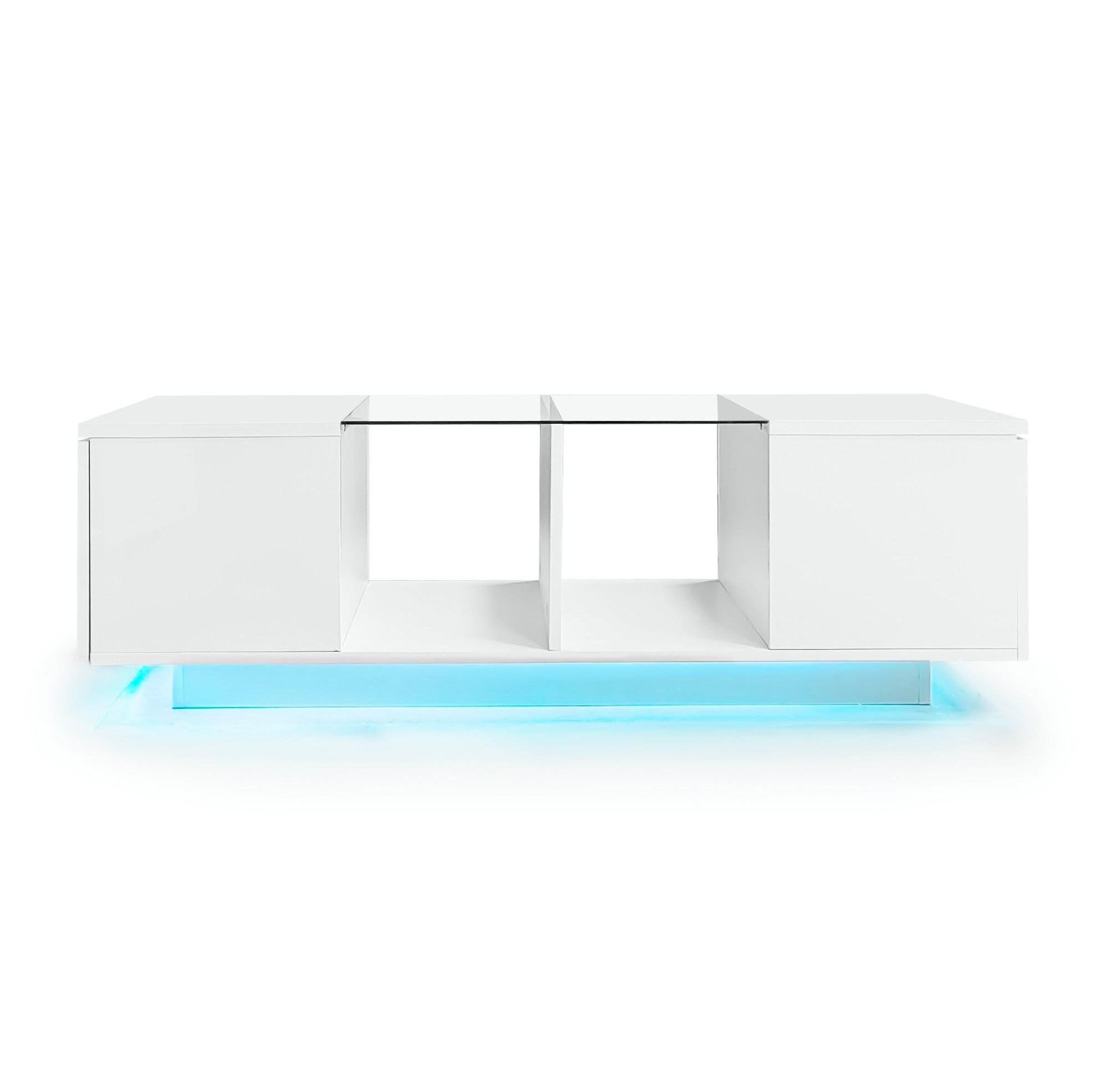 COUCHTISCH aus MDF, Glas und Spanplatte 120x50x38,5 cm Weiß mit LED-Beleuchtung, Glasplatte und Stauraum - Weiß, Holzwerkstoff (120/50/38.5cm) - Modfu