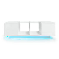 COUCHTISCH aus MDF, Glas und Spanplatte 120x50x38,5 cm Weiß mit LED-Beleuchtung, Glasplatte und Stauraum - Weiß, Holzwerkstoff (120/50/38.5cm) - Modfu