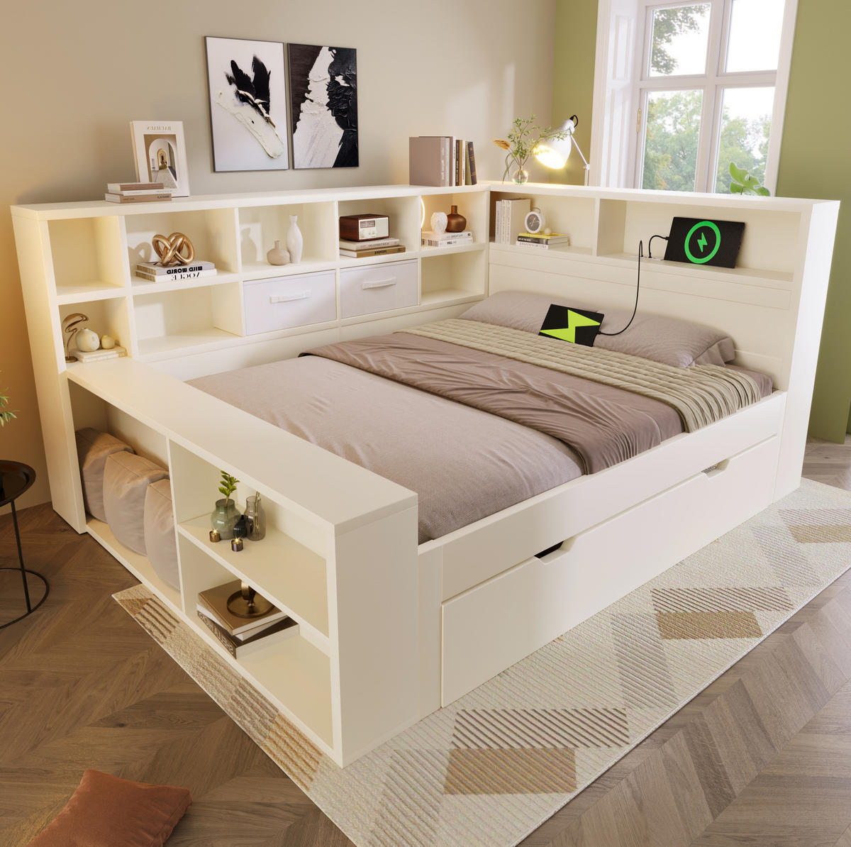JUGENDBETT Stauraumbett 140/200 cm aus Kiefernholz und Spanplatte mit Ausziehbett und USB-Ladeanschlüssen Weiß - Weiß, Holz (140/200cm) - Modenvie