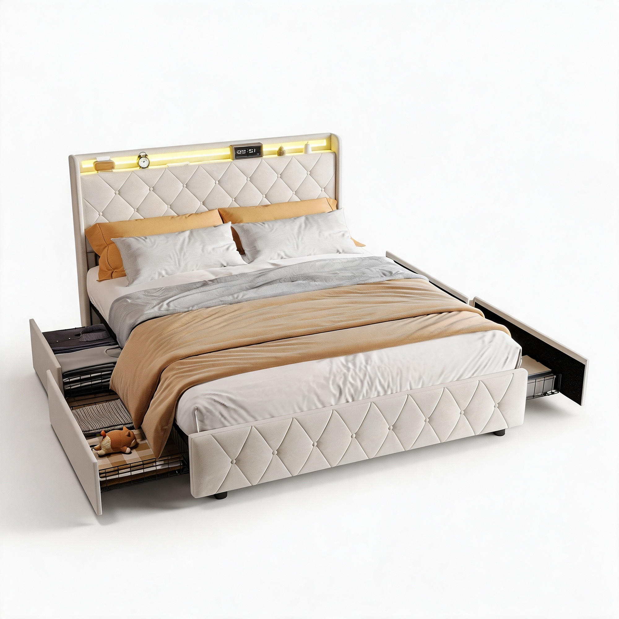 POLSTERBETT, LED-Beleuchtung Doppelbett 140x200cm mit Ladefunktion und 4 Schubladen, Samt, beige - Beige, Holz/Holzwerkstoff (140/200cm) - GENKI LIVING