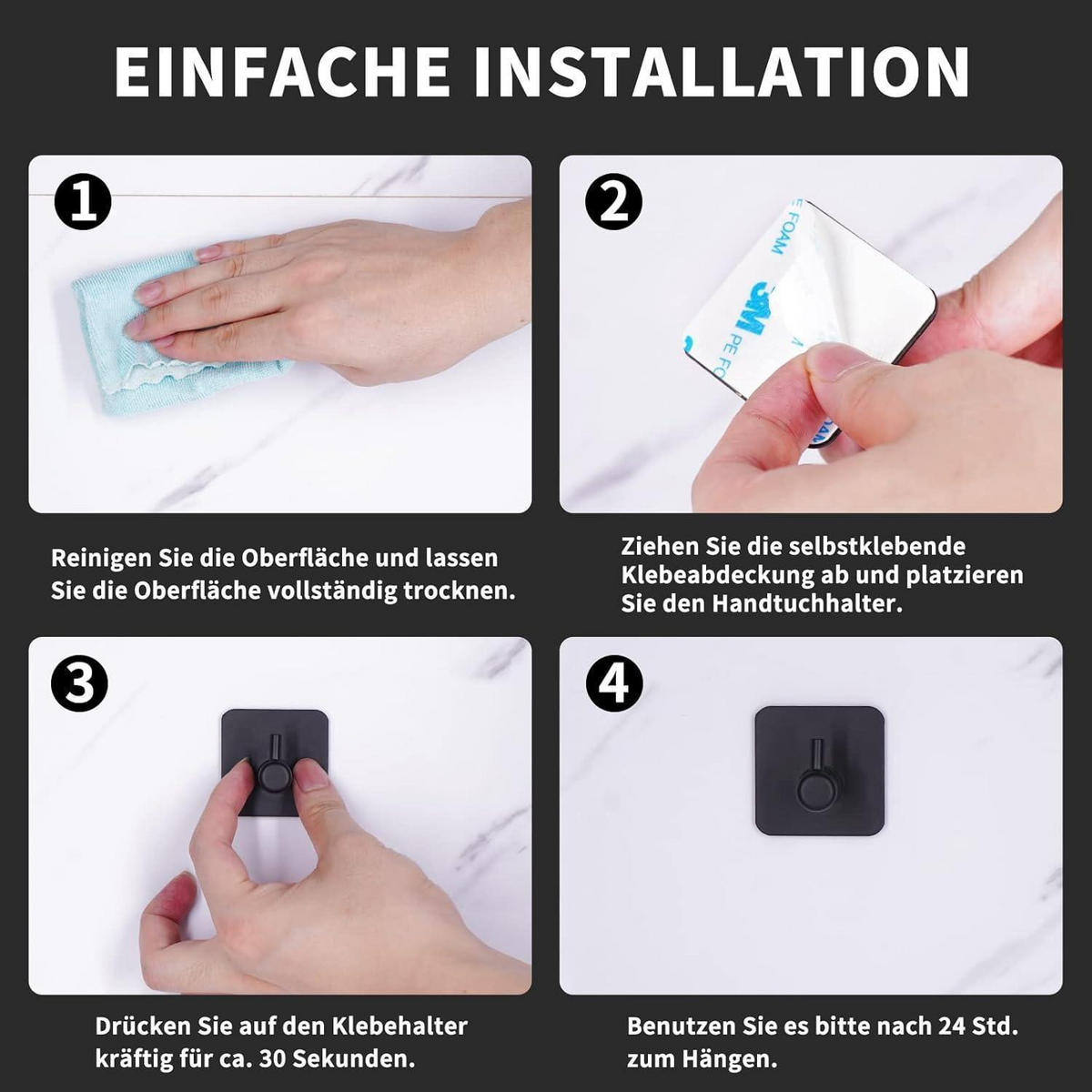 WANDHAKEN 6-teiliges Set Edelstahl Schwarz - Schwarz, Metall (5/3.8/5cm)