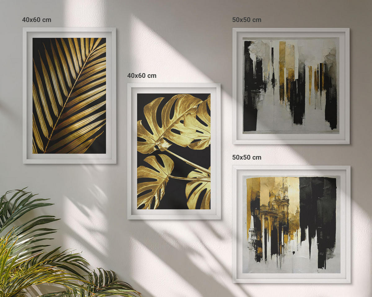 WANDBILDER 4er-Set - 50x50 cm & 40x60 cm Weißer Rahmen - Abstrakte Monstera-Palmenblätter - Weiß, Kunststoff (50/50cm) - ArtPrintCave