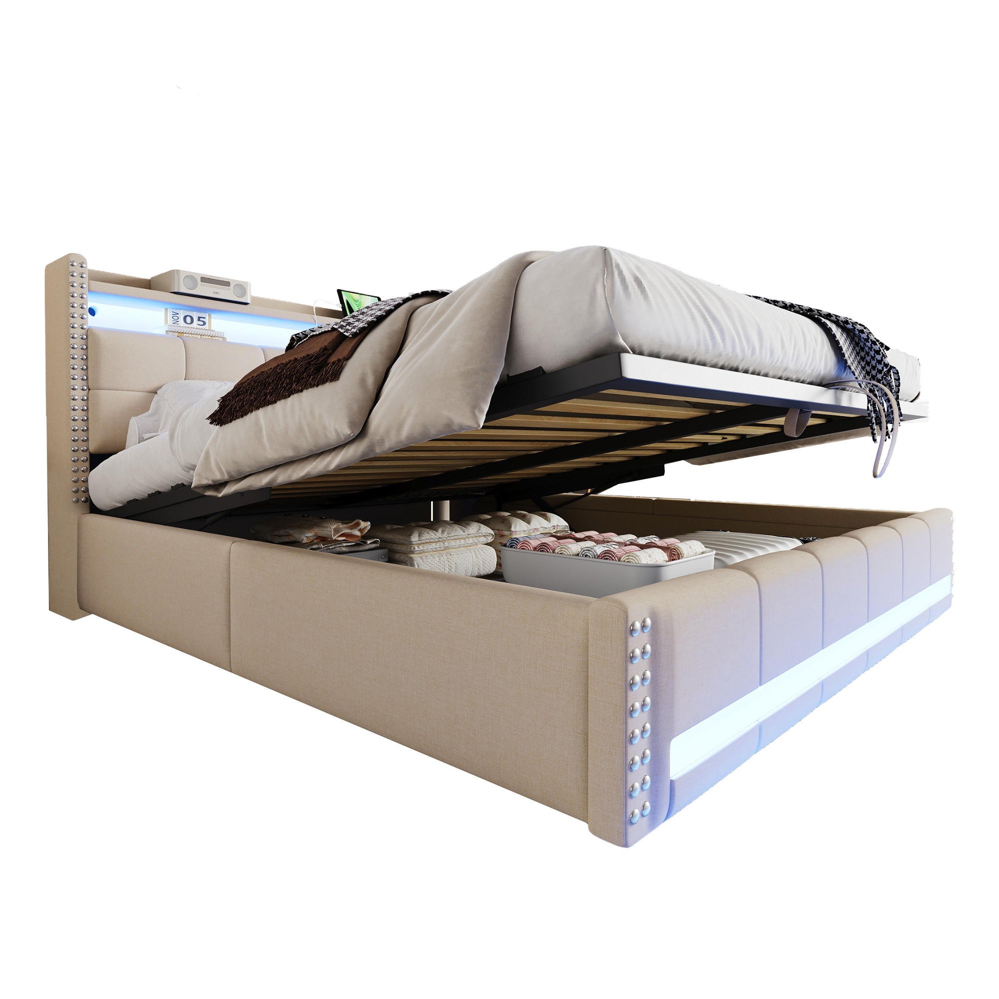 POLSTERBETT 180/200 cm in Beige mit Bettkasten, LED, USB und Regal Leinen Design - Beige, Holzwerkstoff/Textil (180/200cm) - STILVORA